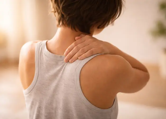 Person holding their right shoulder with the opposite hand, indicating shoulder pain or muscle tension.