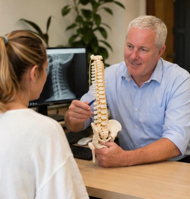 commercial-plumbing Chiropractor explaining spinal anatomy to a patient using a spine model and X‑ray display.